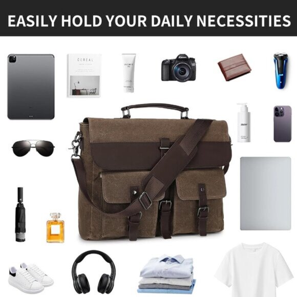 Leather Messenger Bag for Men,Vintage Mens Laptop Bag - Picture 4 of 7